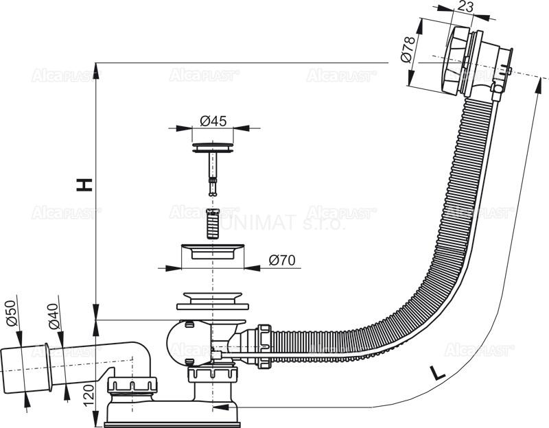 Sifón vaňový automat komplet kov A55K 100
