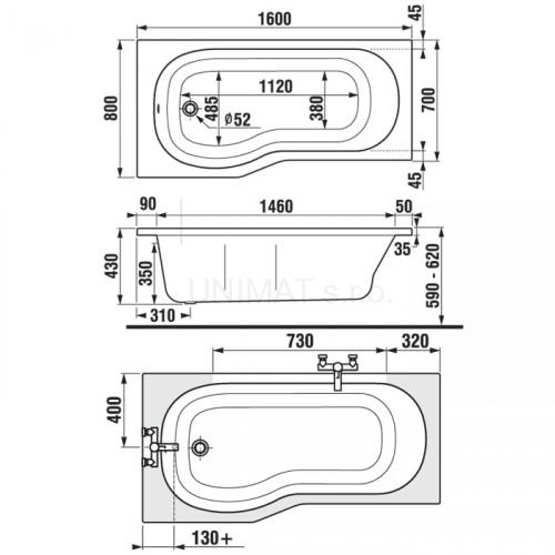 Jika Tigo vaňa asymetrická 160x80/70, vstavaná, ľavá