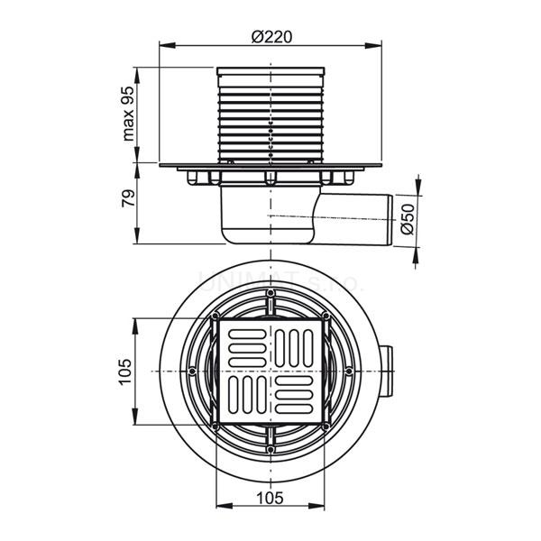 Podl. vpusť 105×105/50 bočná, mosadz-chróm, vodná zápach. uzávera APV101