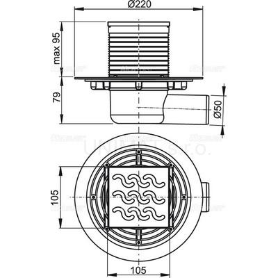 Podl. vpusť 105×105/50 bočná, mosadz-chróm, vodná zápach. uzávera APV102