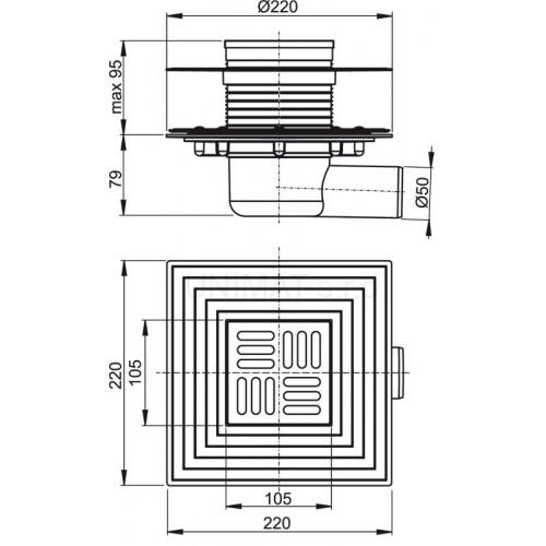Podlahová vpusť 105 × 105/50 bočná, mriežka nerez, prítuba APV1324