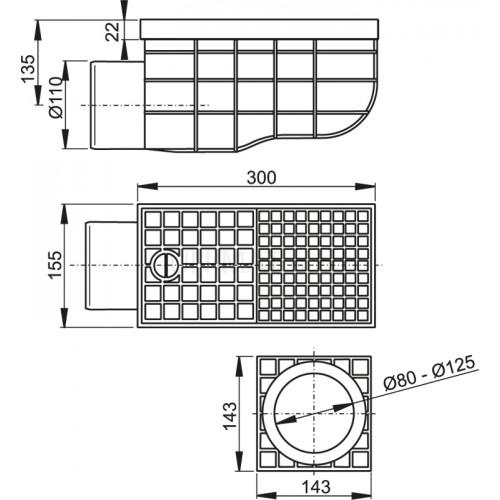 Univerzálny lapač strešných splavenín 300 × 155/110  bočná čierny AGV3