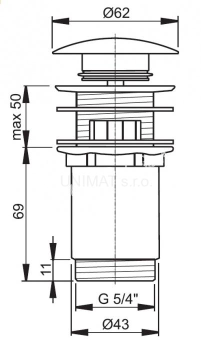 Výpusť umývadlová click/clack 5/4" celokovová s prepadom, biela zátka A392B