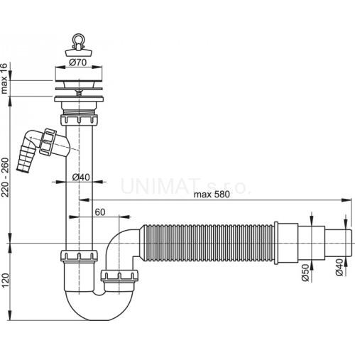 Sifón trubkový s nerezovou mriežkou Ø70, prípojkou a flexi hadicou A830 Ø50/40