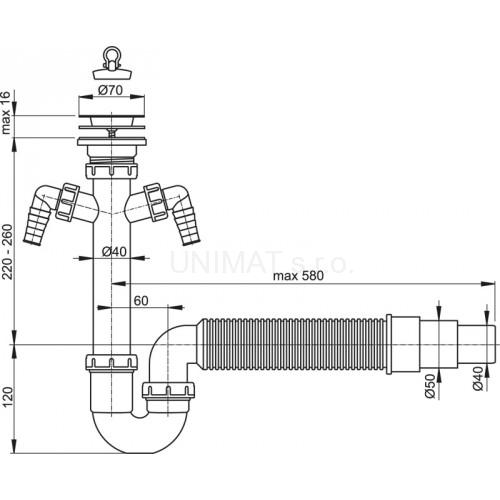 Sifón trubkový s nerez. mriežkou Ø70, dvoma prípojkami a flex hadicou A840 50/40