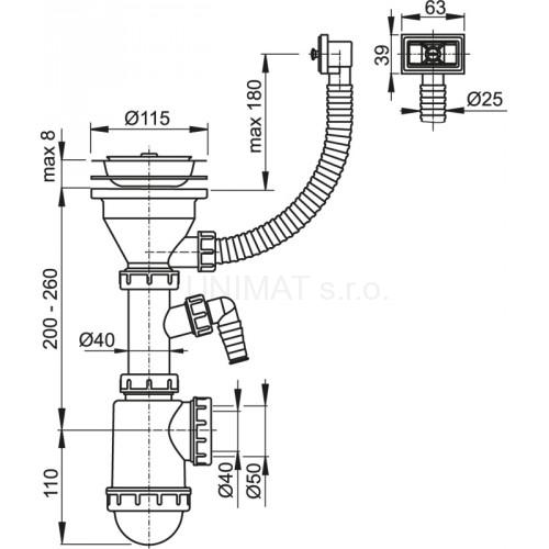 Sifón drezový s nerezovou mriežkou Ø115, flexi prepadom a prípojkou A447P Ø50/40