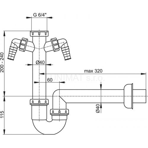 Sifón trubkový s prevlečnou maticou 6/4" a dvoma prípojkami A82 Ø40