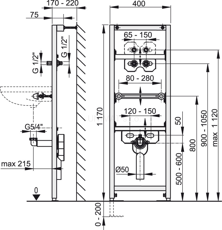 Montážny rám pre umývadlo so vstavaným sifónom (výška 1,2 m) A104AVS/1200