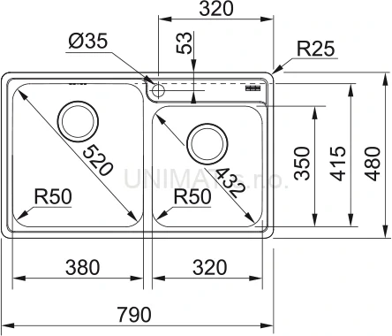 Franke BELL BCX 220-38-32 nerez 790x480mm