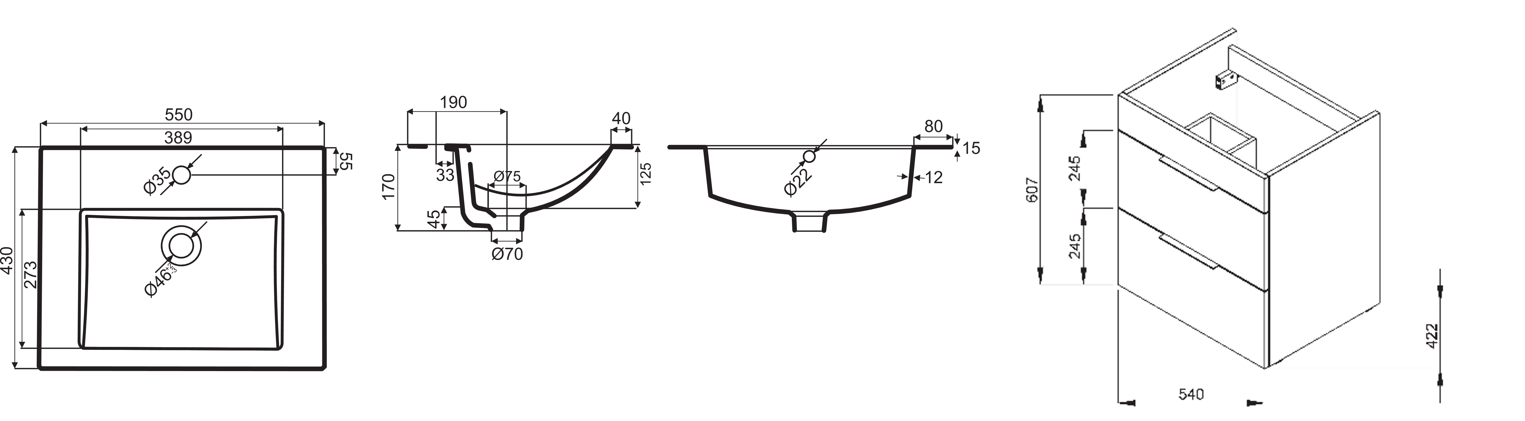 CUBE 55 skrinka s umývadlom-zásuvky