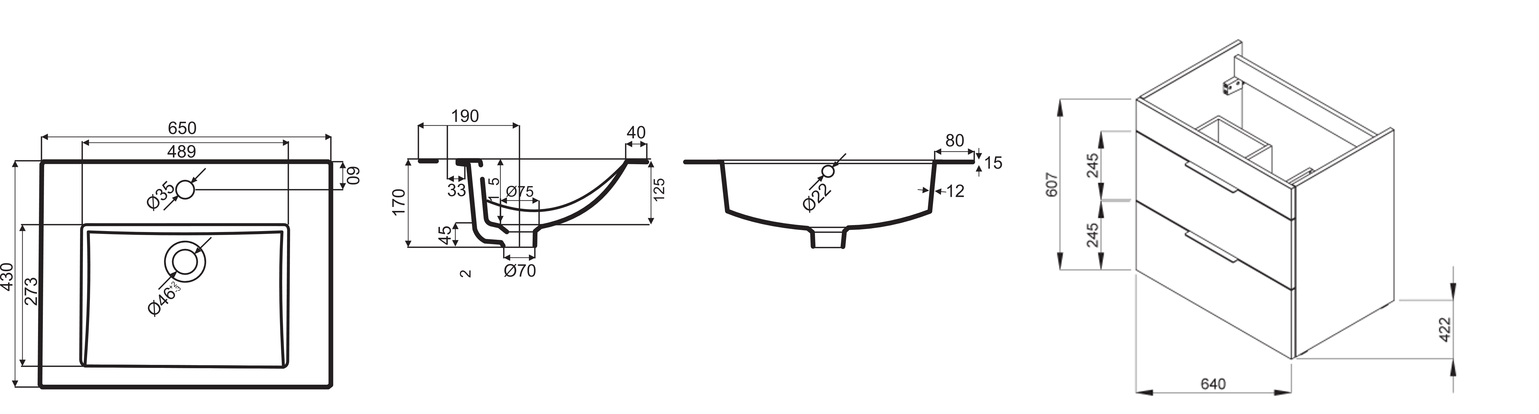 CUBE 65 skrinka s umývadlom-zásuvky