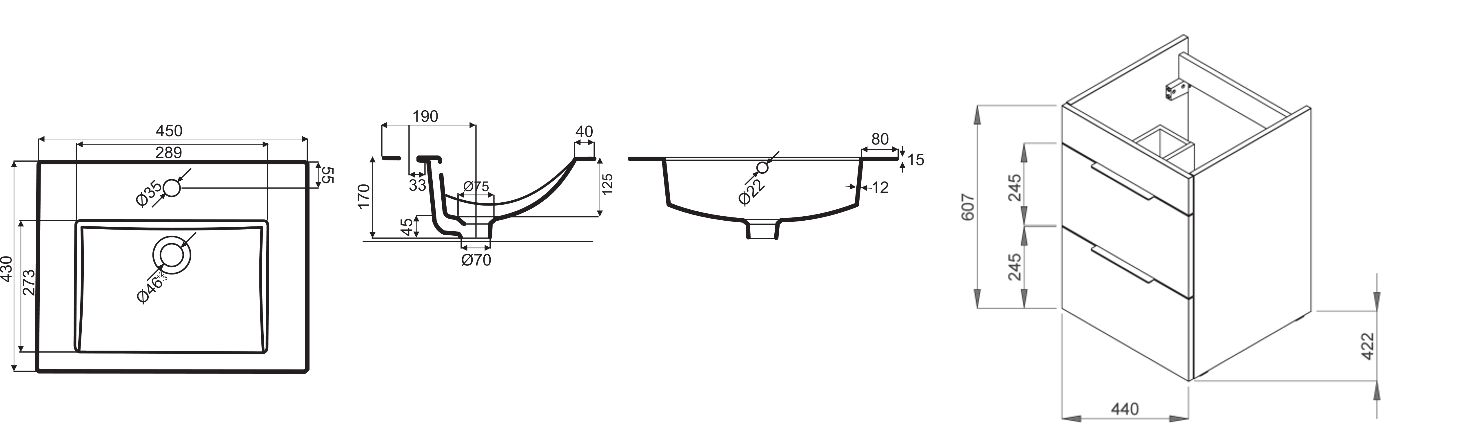 CUBE 45 skrinka s umývadlom-zásuvky